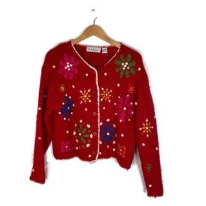 Vintage Belle Pointe Sz M Cardigan Sweater Short Red Snowflake Holiday Wool Mix